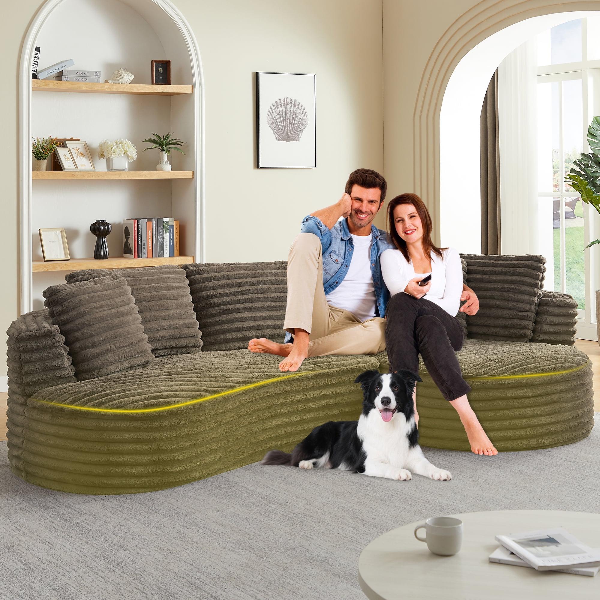GNIXUU 120.9” Large Curved Sectional Couch, Luxury Plush Corduroy