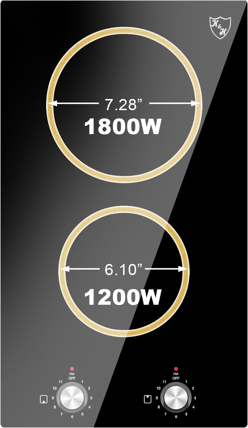 K&H German Designed 2 Burner Dual 12 Inch Built-in Electric Stove Top Radiant Ceramic Kitchen Cooktop Knob Control 240V 3000W KCN-3002K