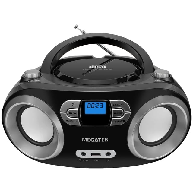 MEGATEK Portable CD Player Boombox with FM Radio, Bluetooth, USB Port, AUX Input, and Headphone Jack – CD-R/CD-RW/MP3-CD Compatible, Clear Ster