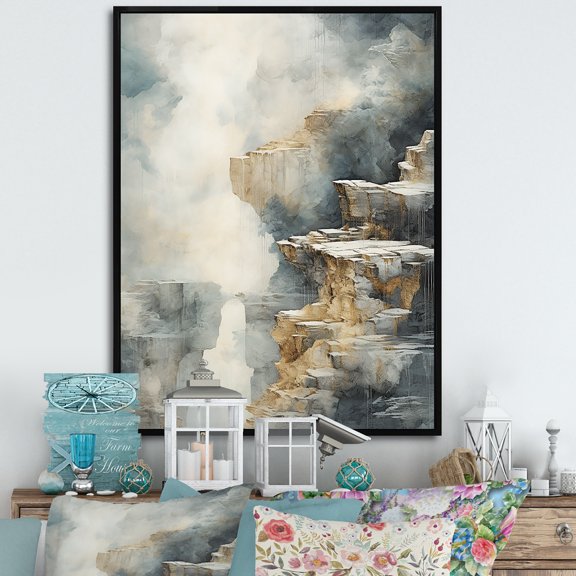 Designart "Adventure Scene: Waterfall in Gold & Grey II" Waterfall Floater Framed Canvas Art Print