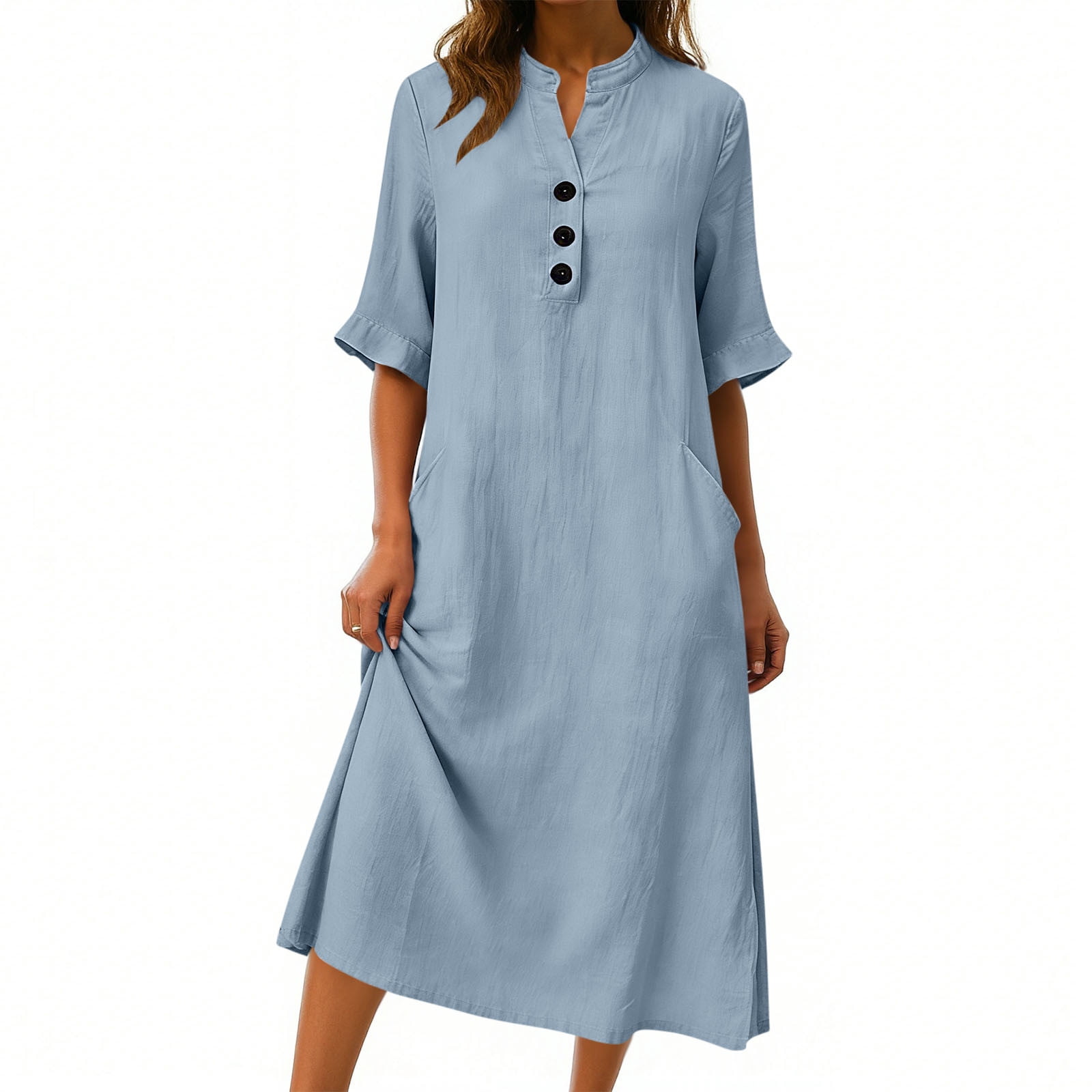 3/4 Sleeve Linen Midi Dress for Women Summer Loose Button Up Stand Collar A-Line Beach Vacation Dresses with Pockets