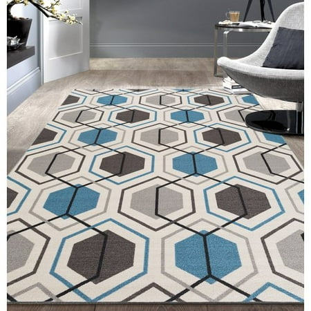 - World Rug Gallery Contemporary Blue Geometric Stripe Non-slip (Non-skid) Area Rug or Runner