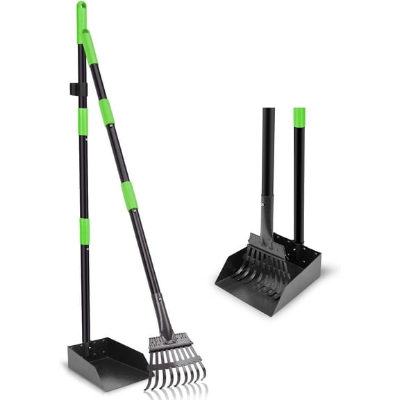 Non-Breakable Pooper Scooper, Dog Pooper Scooper Tray & Rake Set with Adjustable Stainless Steel Long Handle for Large Medium Small Dogs (Green)