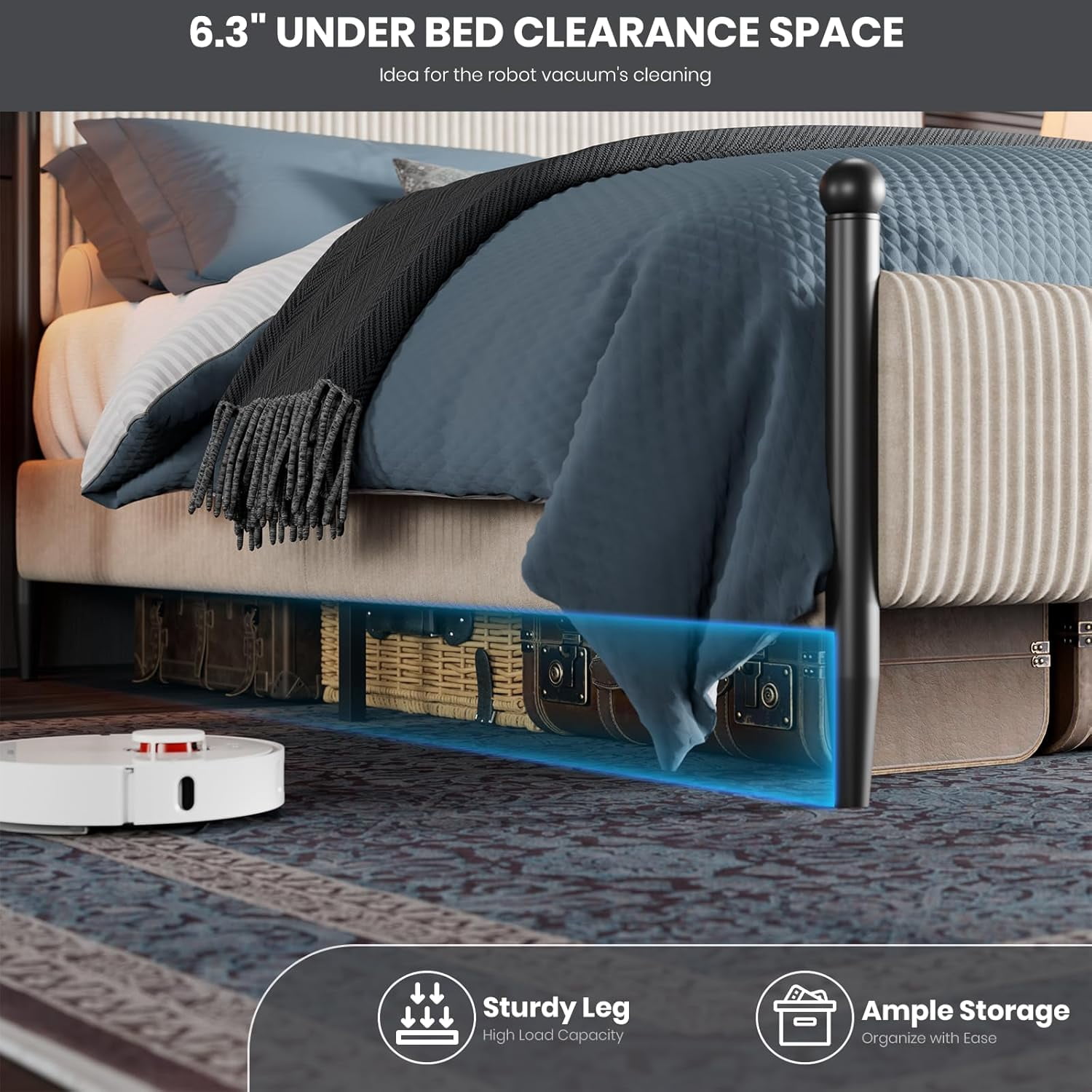 King Size Bed Frame - with Vertical Stripes headboard, Corduroy upholstered Bed upholstered Bed Frame with Vintage Metal Legs, no Box Spring Needed, Easy Assembly, White