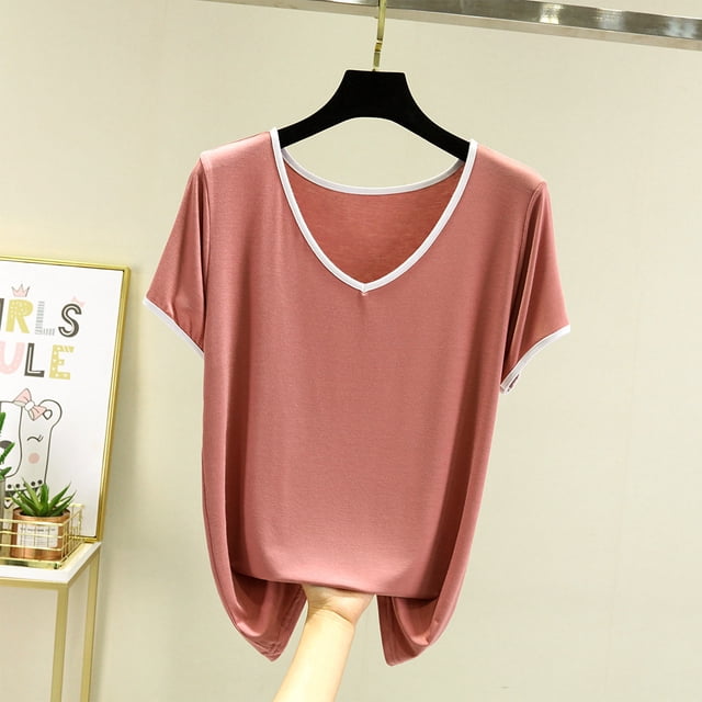 Qtocio Womens Casual Tops,Solid Color Crewneck Short Sleeve T Shirt Summer Loose Style Basic Tee Blouse