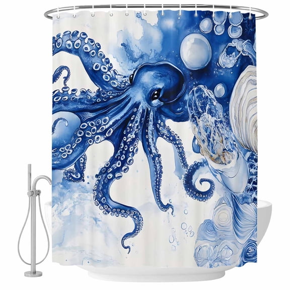 Blue Octopus Coastal Shower Curtain Set - 72" x 78" Washable Bathtub Curtain with 12 Hooks, Nautical Summer Beach Shell Waterproof Fabric Stall Shower Curtains for Bathroom/Bathtub Décor