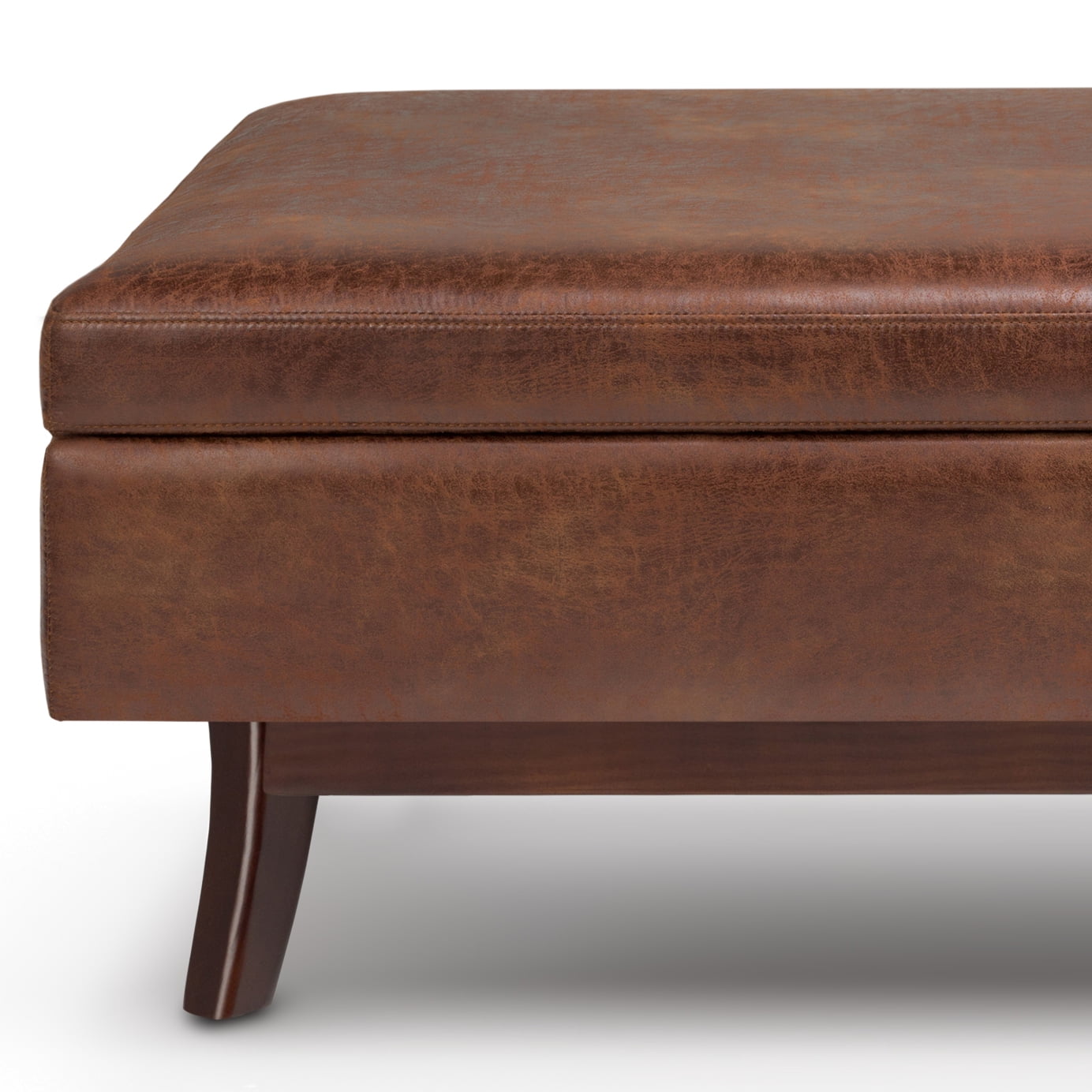 Simpli Home Owen 48 inch Wide Mid-Century Modern Rectangular Storage Ottoman in Distressed Saddle Brown Vegan Leather