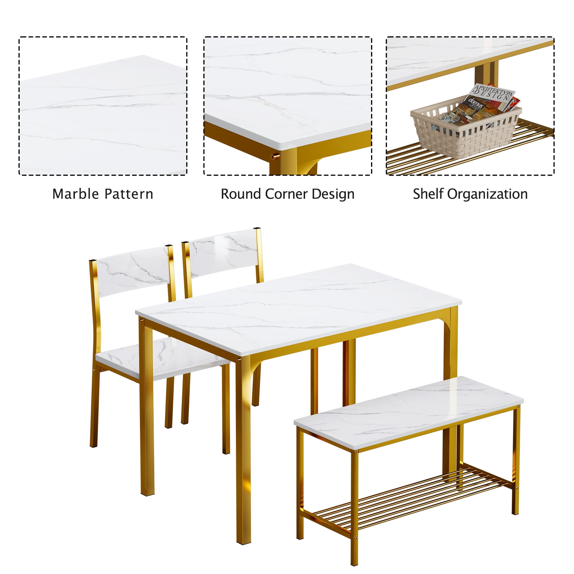 SogesPower 4 Pieces Contemporary Wood, Iron Dining Table Set Gold/White