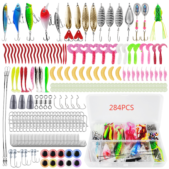 284pcs Fishing Lures for Bass,Crappie,Trout,HopePow Fishing Lures Kit for Freshwater Saltwater Bait Tackle Box with Tackle Included Kit for Fishing Gear with Crankbaits,Spinnerbait,Plastic Worms,Jigs