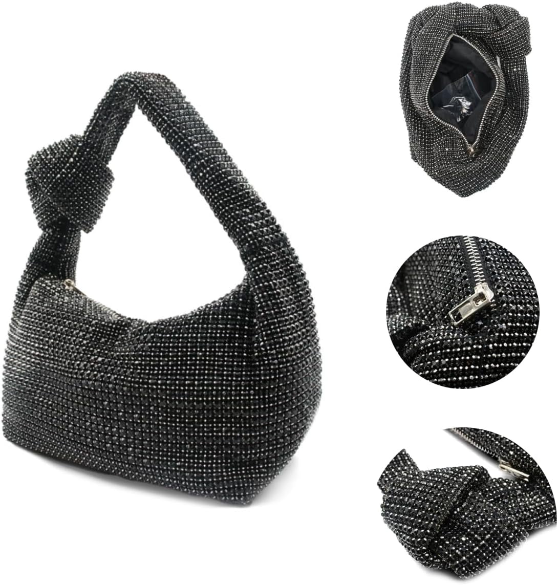 NANAHuang Bling Full Glitter Knotted Handbag for Women Crystal Rhinestone Hobo Dumpling Bag Diamond Evening Clutch Crossbody Bag