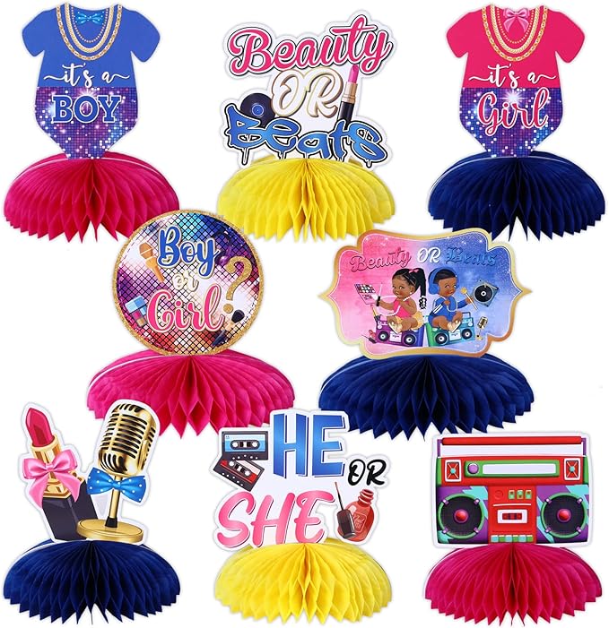 Beauty or Beats Honeycomb Centerpieces - Beauty or Beats Gender Reveal Decorations, He or She Table Decorations for 80s 90s Retro Disco, Hip Hop, Music Themed Boy or Girl Baby Shower Supplies