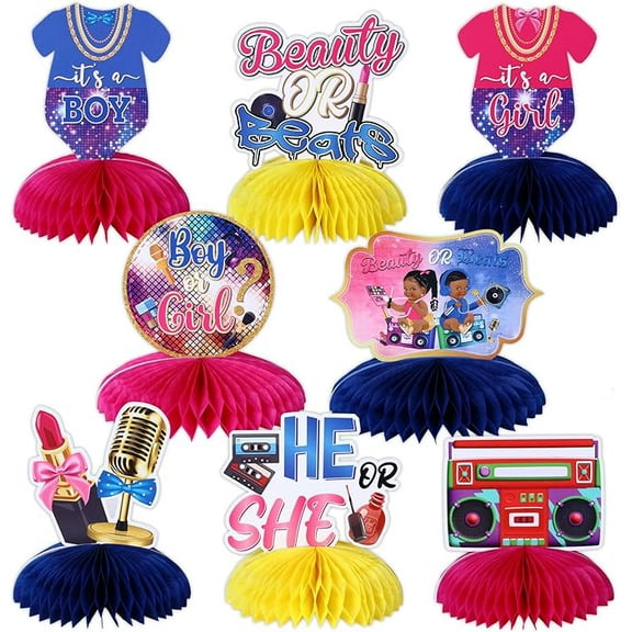 Beauty or Beats Honeycomb Centerpieces - Beauty or Beats Gender Reveal Decorations, He or She Table Decorations for 80s 90s Retro Disco, Hip Hop, Music Themed Boy or Girl Baby Shower Supplies