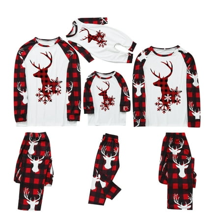 

Family Christmas Pajamas Matching Sets Cute Elk Printed Long Sleeve Top + Red Plaid Pants Sleepwear Holiday PJs for Women/Men/Kids/Couples/Babies