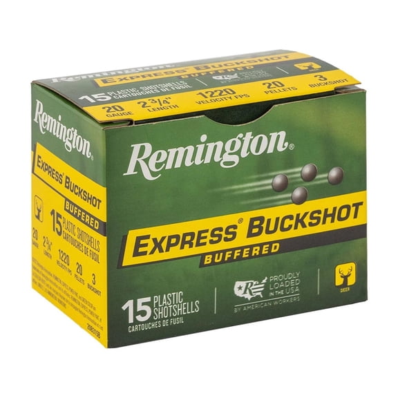 Remington Express Buckshot, 20 ga, 3 Buckshot, 20 Pellet, 2-3/4 in, 1220 fps, 15 Count
