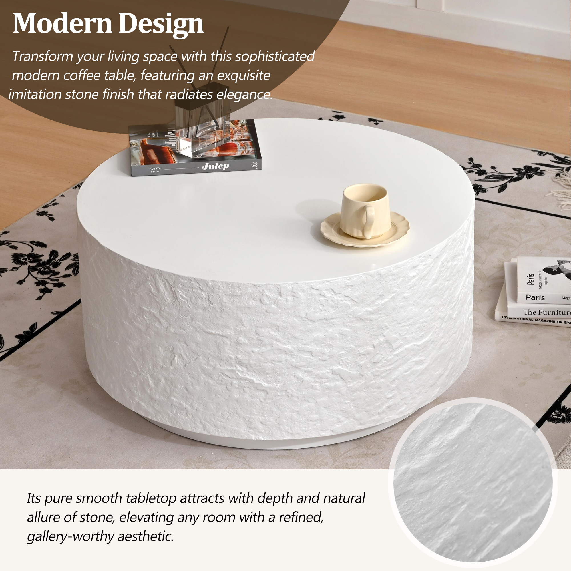 Euroco 27.5" Round Coffee Table with Imitation Stone Design, Modern Drum Center Table With Pure Smooth Tabletop, Cement Stone Pattern End Table for Living Room, Bedroom