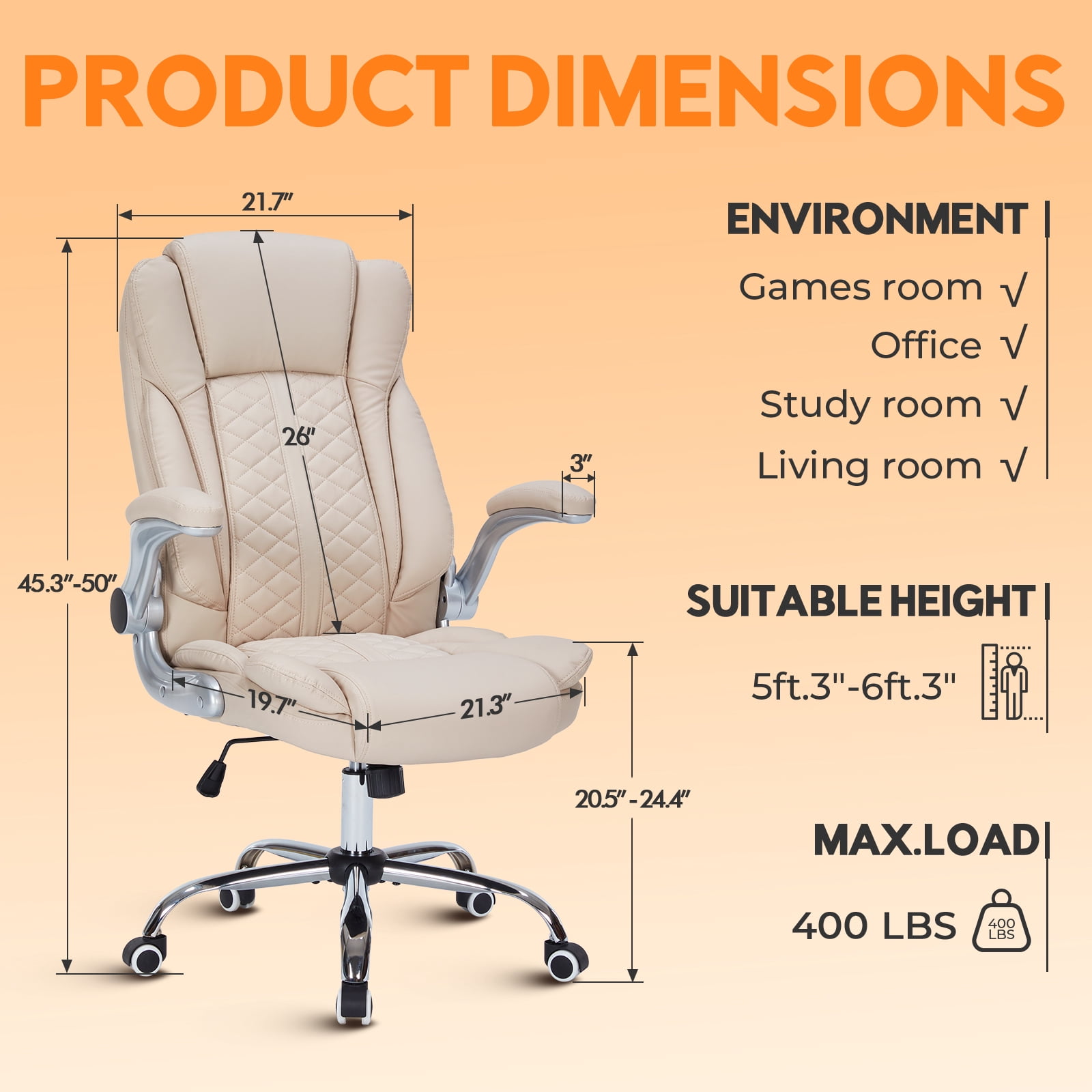 HESL Office Chair with Flip-Up Arms, Big and tall Office Chair with Rocking Mode, Desk Chair,  Cream