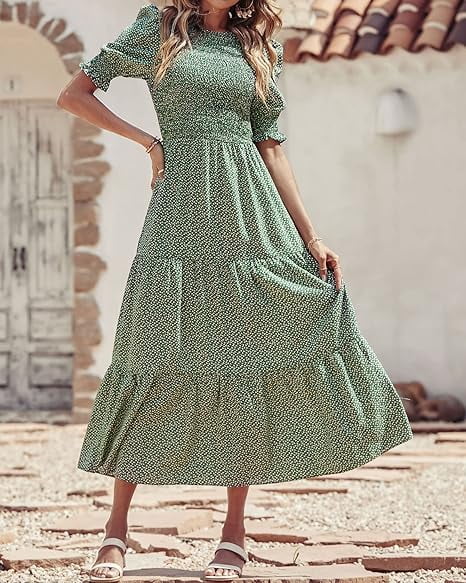 FreshPretty Women Casual Summer Dresses 2025 Spring Crew Neck Ruffle Short Sleeve Floral Print Smocked Boho Flowy Maxi Dress