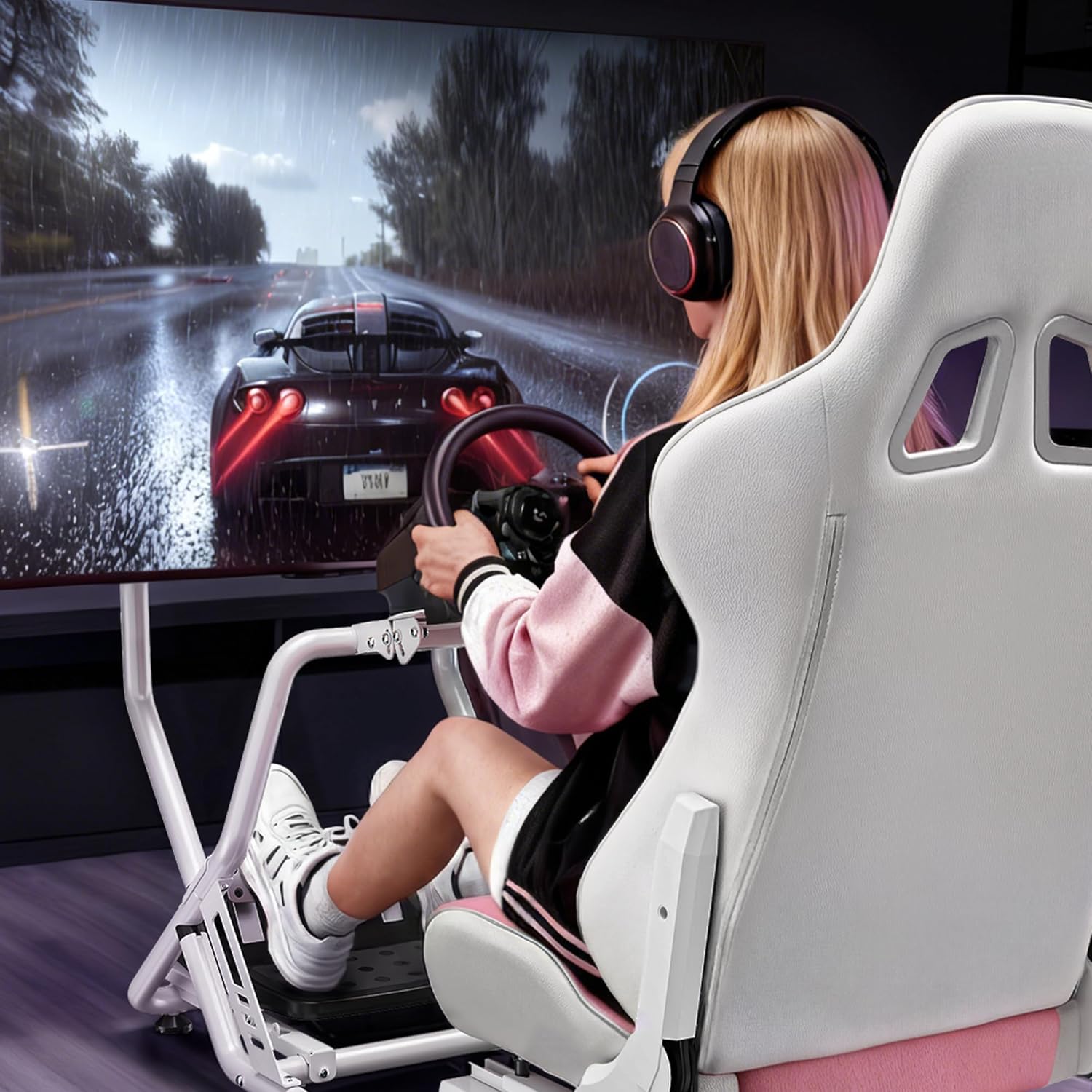 ARES WING Racing Simulator Cockpit with Seat and Monitor Mount, Adjustable Sim Racing Cockpit Compatible with Logitech, Thrustmaster, Fanatec, Moza, for PS5, PS4, Xbox and PC, Pink