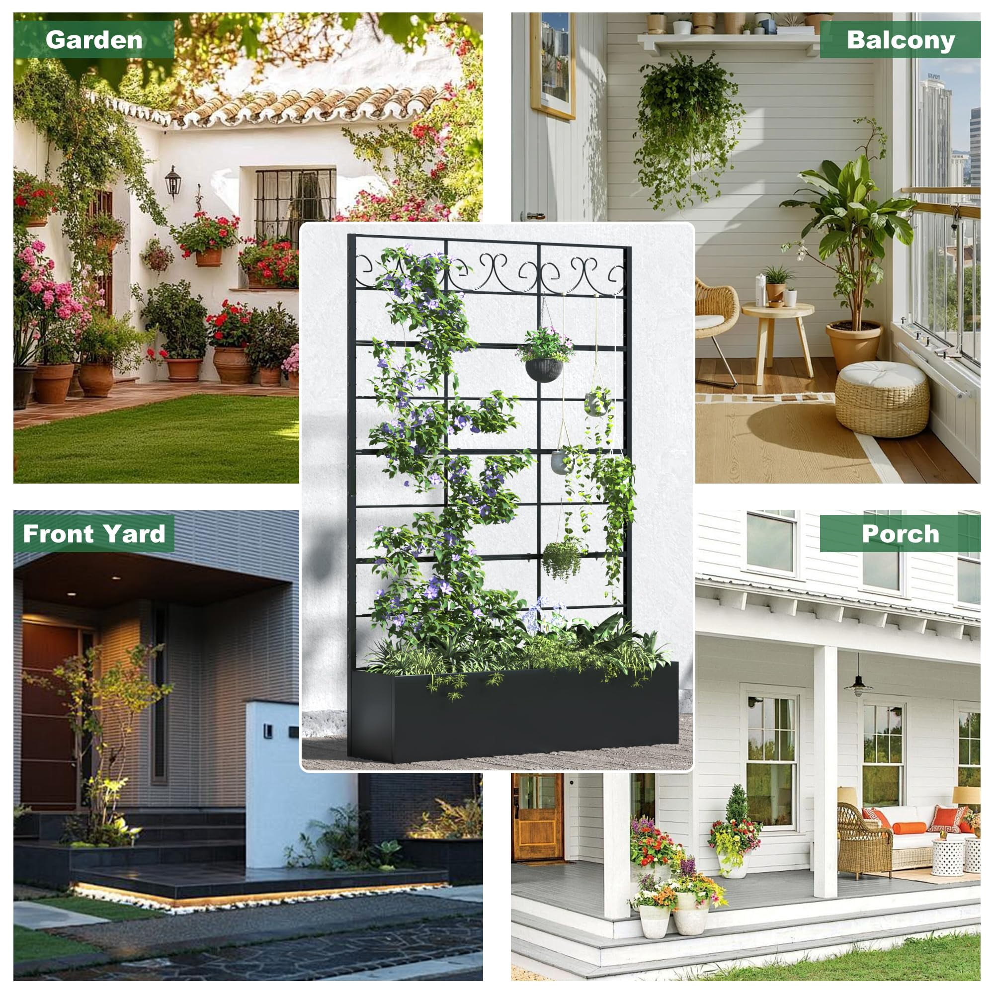 ANPOO Metal Raised Garden Bed with Trellis, 70.9"x47.2"x12" Outdoor Planter Box with Drainage Holes, Black Privacy Screen for Climbing Plants, Patio & Balcony