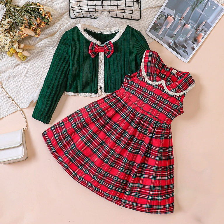 Virmaxy Toddler Baby Girls Plaid Vest Dress Set Long Sleeve