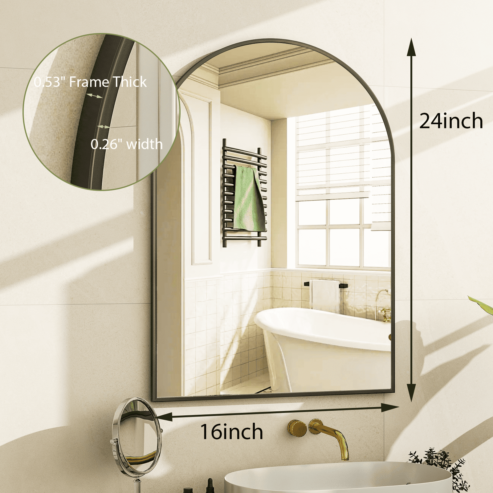 AUROMIR 16"x24" Arched Wall Mounted Bathroom Mirror Arched Vanity Mirror, Black