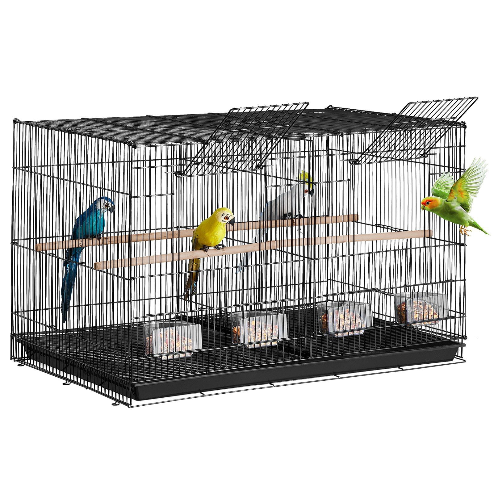 18" Wrought Iron Flight Cage for Small Birds with Removable Divider, Seed Guard, and Perches - Black