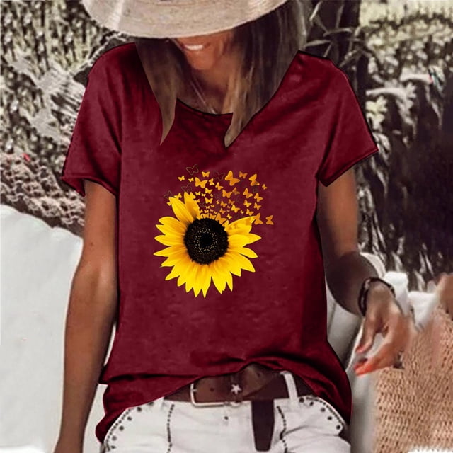 Pntutb Moda Mujer Causal Daisy Cuello redondo Blusa estampada Camiseta de manga corta Tops de verano Pntutb Pntutb-7288