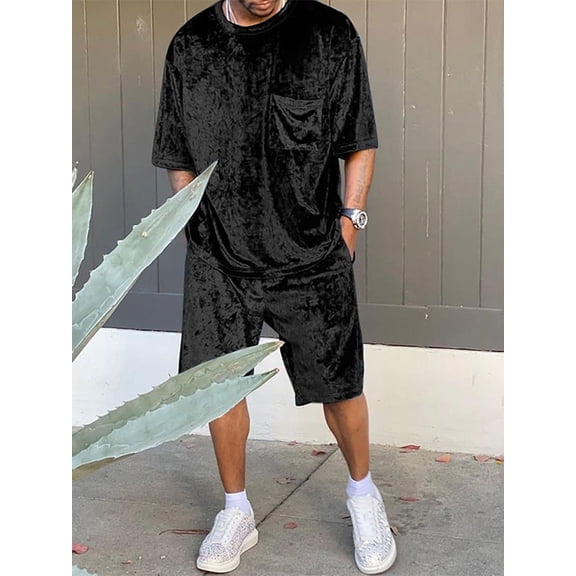 INCERUN Men's Short Sleeve Tops   Shorts Set Velvet Blend Summer Two-piece Suits