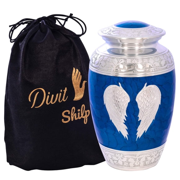 Urne de Crémation pour Cendres Humaines avec Sac en Satin, pour Adultes jusqu'à 200 Lb / Grandes Urnes Funéraires Artisanales par Divit Shilp (Ailes d'Ange Bleues, Adulte)