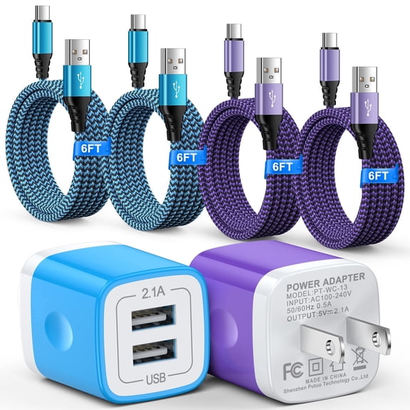 2 Pack KIGPOZI USB Wall Charger Dual Port Phone Charger, 4pcs 6FT Type C Charging Cable Cord USB-C Charging Cable,Android Phone Wall Charger Block USB Plug Adapter Type C Charging Block[Blue Purple]