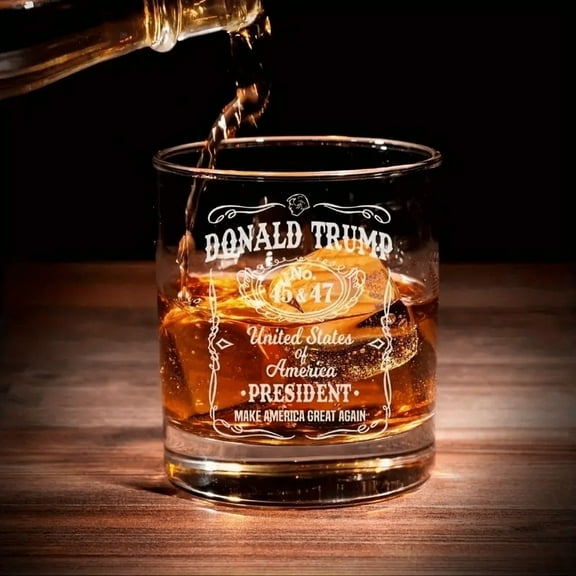 1 Trump 45&47 US President Glass Whiskey Cup, 11 oz - laser engraved, Trump supporter gift, durable glass material, holiday gift