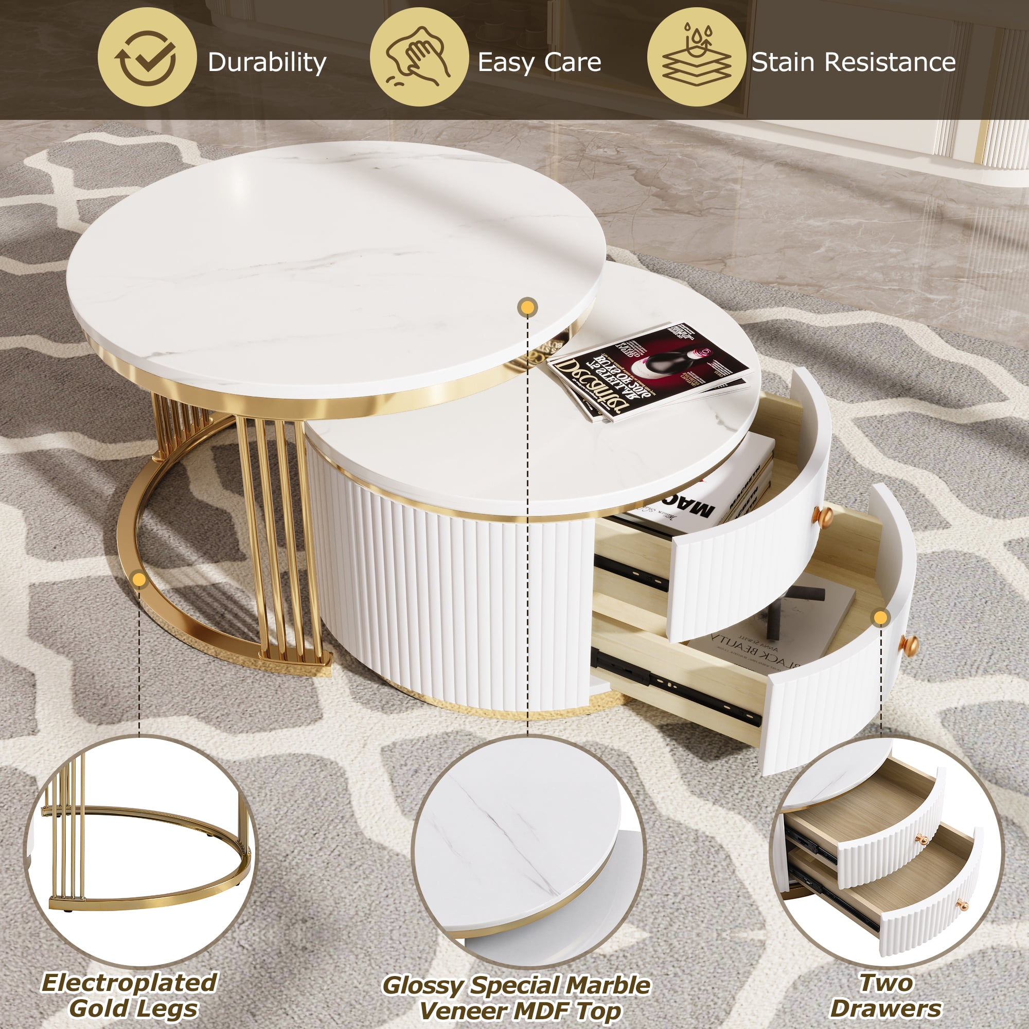 Euroco Modern 2 Pieces White Round Nesting Coffee Table with Drawers in 27.6''