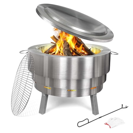 LovoIn | 25.6" Stainless Steel Smokeless Fire Pit, Wood Burning Outdoor Fire Pit with Foldable Legs & Protective Cover, Portable Outdoor Firepit for Camping, Patio