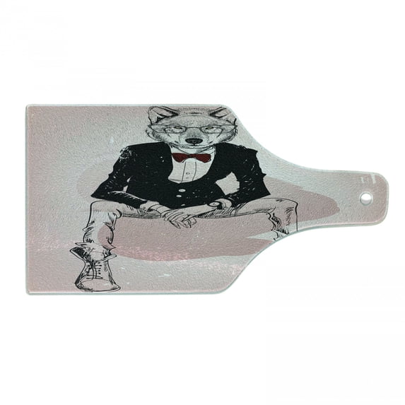 Indie Cutting Board, Hipster Portrait of Sitting Wild Wolf Glasses Smart Casual Outfit, Decorative Tempered Glass Cutting and Serving Board, Wine Bottle Shape, Pale Pink Burgundy Black, by Ambesonne