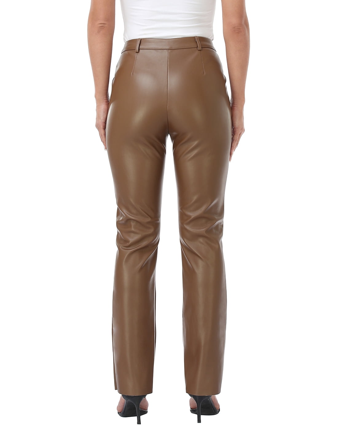 HDE Women's Faux Leather Pants High Waisted Trousers with Pockets Brown L