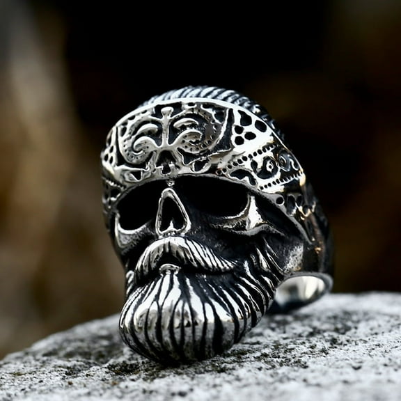 Hippie Men's Big Beard Wear Hat Skull Rings Cool Punk Skull Biker Ring Male Stainless Steel Hip Hop Rock Jewelry Gift for Him
