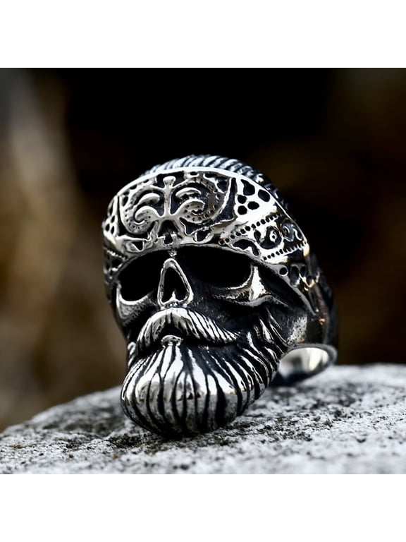 Hippie Men's Big Beard Wear Hat Skull Rings Cool Punk Skull Biker Ring Male Stainless Steel Hip Hop Rock Jewelry Gift for Him