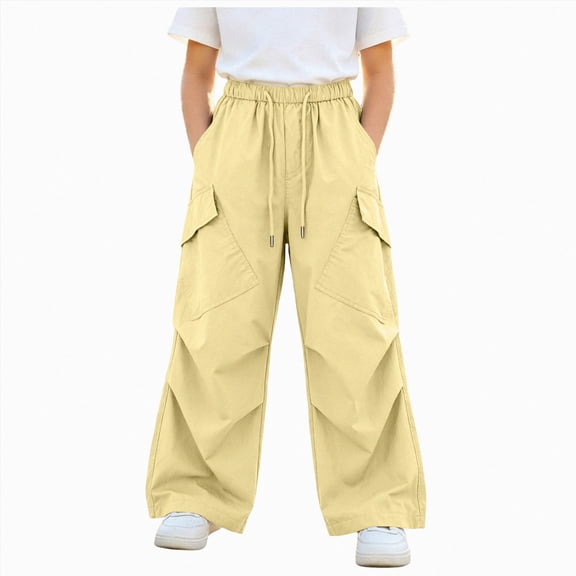 Xyant Girls Hiking Pants Kids Elastic Waist Wide Leg Cargo Pants Y2K Street Baggy Trousers with Pockets 5-16 Years (Yellow,7-8 Years)