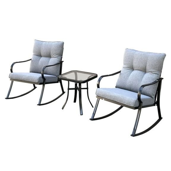 YANSHE Modern Accent 2 Seater Rocker Teapoy Set Of 3, Upholstered Rocker Armchair, Patio Furniture Porch Chairs, Soft Cushions Rocker For Bistro, Outdoor, Patio, Deck, Backyard