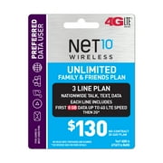 Net10 $130 Unlimited Family & Friends Plan for 3 Lines (8GB of data per line at high speeds, then 2G*) (Email Delivery)