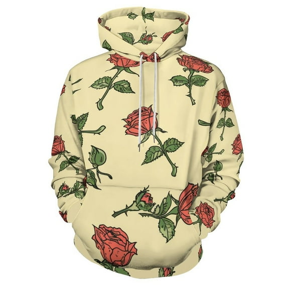 Rose Illustration Regular Fit Hoodie, Sporty Pullover Hooded Sweatshirt for Men Women M