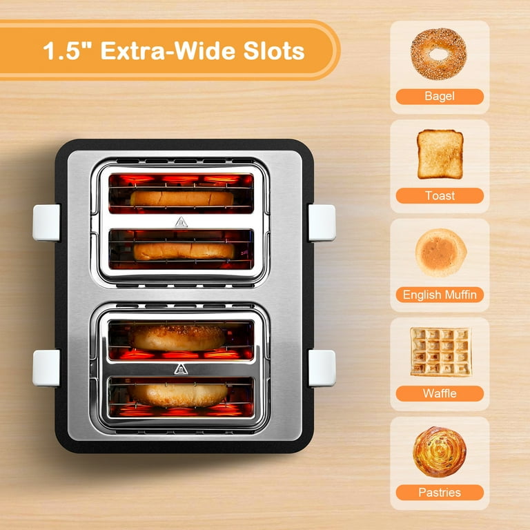 Stainless Steel Toaster Long Extra-Wide Slots W/ Removable Tray & LED 6  Levels