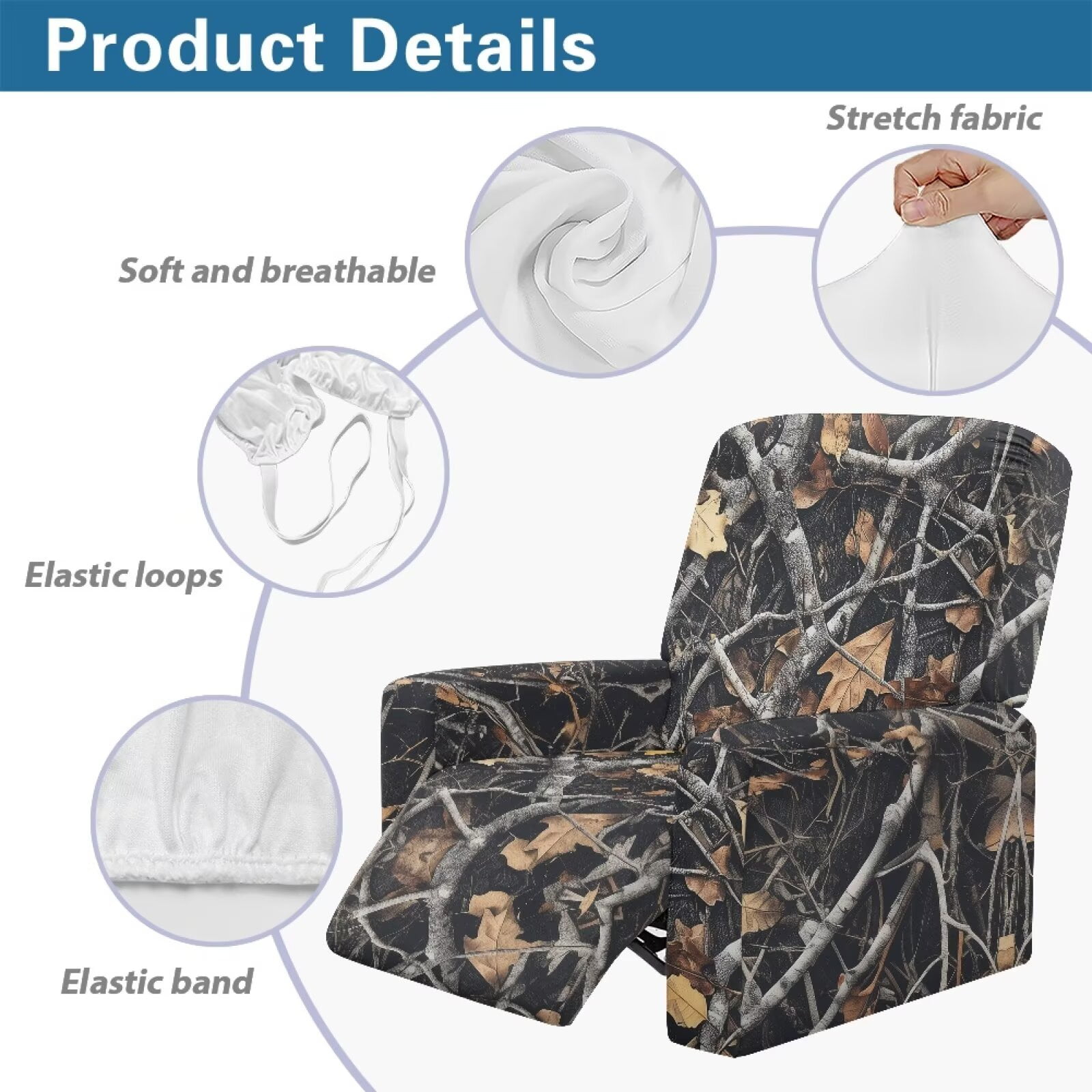 Yuyamidu Camouflage Reclining Chair Covers 4 Pieces Hunting Branch Recliner Sofa Slipcovers with Pocket Replacement Soft Slip Covers for Recliners with Arms Gift for Friends