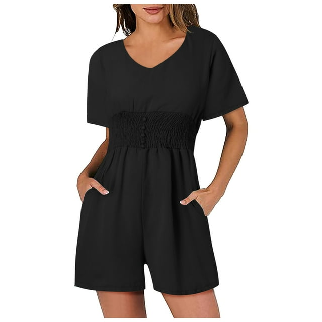 2DXuixsh Rompers for Women Women's Jumpsuit Summer V Neck Button Short Ruffle Sleeve Smocked Mini Short Romper Workout Casual Wide Legs Rompers Black Size L