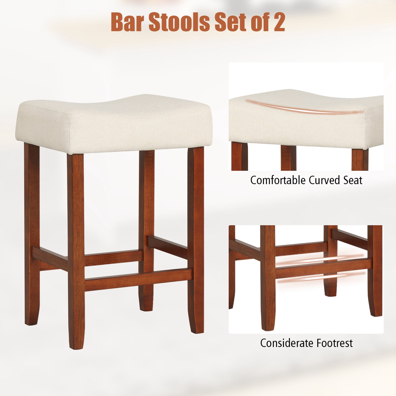 Costway Set of 2 Bar Stools Counter Height Saddle Kitchen Chairs with Wooden Legs  Off-White + Brown