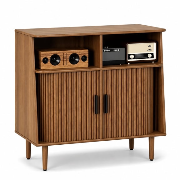 Mid Century Modern Vinyl Storage Cabinet with Power Outlet and Sliding Doors, Record Player Stand Holds 350 Albums, Turntable Table 31.5 Inch Wide Walnut for Living Room