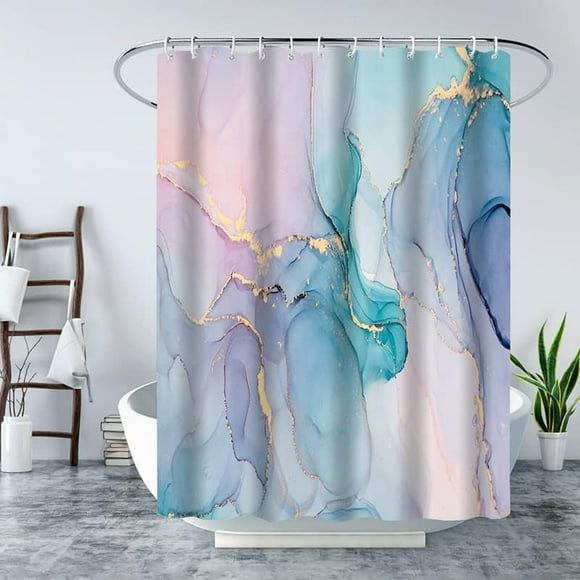 Abstract Marble Shower Curtain Blue Pink Teal Purple Texture Luxury Modern Stripes Ombre Granite Liquid Watercolor Art Pattern into a Work of Art Includes Hooks (36" Wx70H)