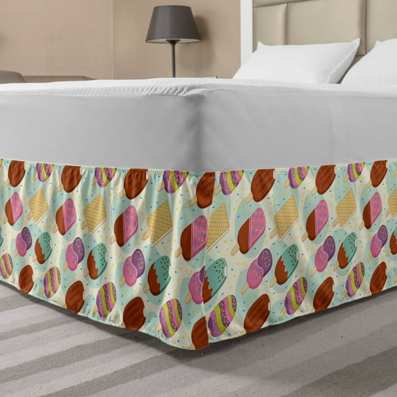Ice Cream Bed Skirt, Repetitive Tasty Summertime Food Dessert Topping Colorful Illustration, Elastic Bedskirt Dust Ruffle Wrap Around for Bedding Decor, 4 Sizes, Ivory and Mint Green, by Ambesonne