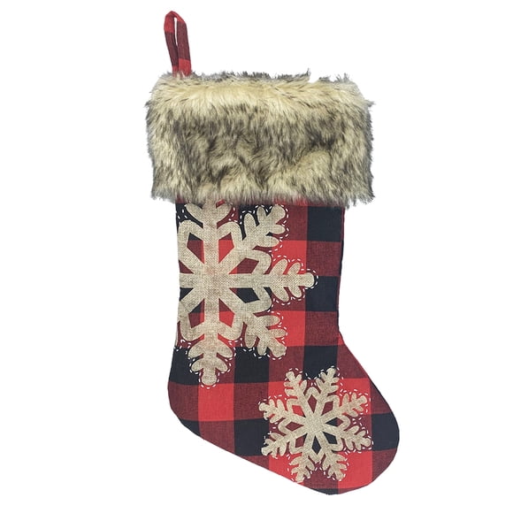 Zootealy Christmas Stockings 18'' Big Xmas Stocking Burlap Plaid Style with Snowflake Santa Snowman Reindeer Plush Fur Cuff for Xmas Holiday Party Decoration