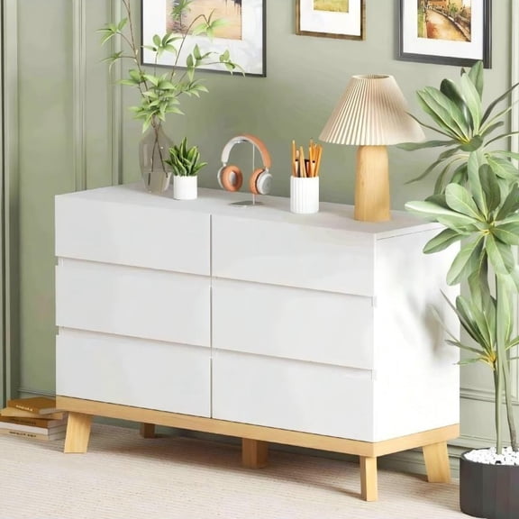 Jopath 47.2"Wide 6 Drawer Dresser for Bedroom,Chests of Drawers Storage Cabinet for Living Room,White & Walnut